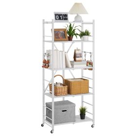5-Tier Foldable Storage Shelf, 28 W x 15D x 64H Inch Folding Metal Rack Shelving Unit, No Assembly Organizer Shelf with 5 Wheels & 4 Hooks for Pa