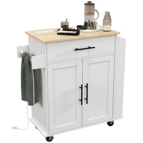 Rollable Kitchen Island with Power Outlets, Drawer, Doors & Versatile Storage on Wheels, White