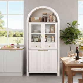 71" Fluted Tall Arched Pantry Cabinet with Adjustable Shelves, Elegant Display Storage with Hidden Drawer & Glass Door for Kitchen, Living Room (Color: White)