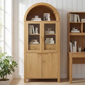 71" Fluted Tall Arched Pantry Cabinet with Adjustable Shelves, Elegant Display Storage with Hidden Drawer & Glass Door for Kitchen, Living Room (Color: Oak)
