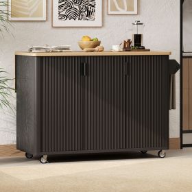 51" Fluted Kitchen Island with Drop Leaf, Farmhouse Accent Kitchen Island on Wheels with Internal Storage Rack (Material: MDF,Pine, Color: Black)